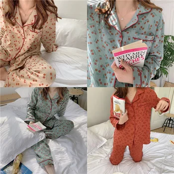 Stil coreean Pijamale de Bumbac Tifon Liber Halate de baie pentru Femei cu maneca Lunga-Cardigan Tipărite Serviciu Acasă 2 buc Simple
