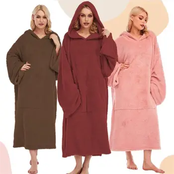 Femei Iarna Pluș Lână Șal Haine De Acasă Homewear Cald Cu Mâneci Lungi Vrac Cu Gluga Halat De Buzunar Haina De Pijama