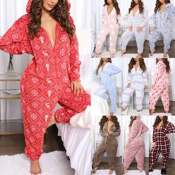 Pijamale crăciun Îngroșat Cald dintr-O bucata Pijama Toamna Iarna Nou Leopard de Imprimare de Crăciun cu Gluga Doamnelor Acasă Purta Salopeta