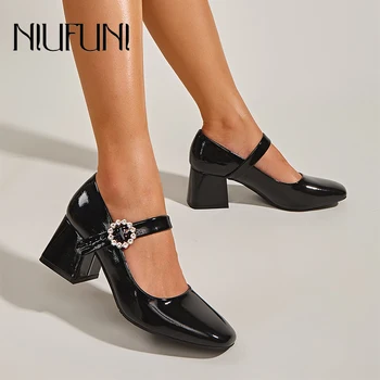 NIUFUNI 2023 Epocă Tocuri Groase Pantofi Deget de la picior Pătrat Mary Jane Pompe de Femei Goale Stras Catarama de Culoare Solidă Neagră Simplu