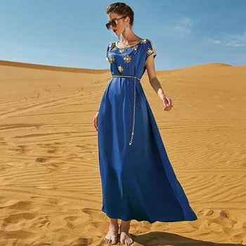 Caftan marocan Vara 2022 Maxi Rochie pentru Femei Arabe Dubai Aur Bandă Garnitura O-Gat Maneci Scurte Strasuri Flori Vrac cu Centură