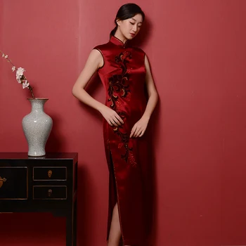 CHINART Qin Yi 21 noul lung mâneci clasic cheongsam vin roșu Chinez broderie rochie rochie