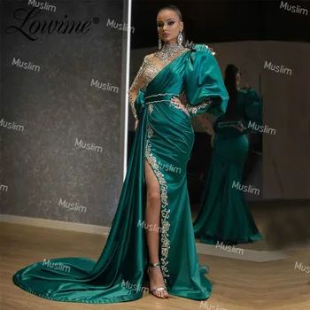 Elegant Saudită, Dubai Sirena Rochii De Seara 2021 Puff Maneca Mătase Și Satin Rochie De Bal Cu Fantă Aplici Pe Gât Rochie Formale