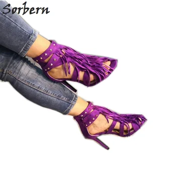 Sorbern Violet Împânzit Tocuri Barbati Îmbracati In Femeie Sandale Pentru Femeie Pantofi Cu Toc Înalt Ciucure Impodobita Sandale Pantofi De Sex Feminin