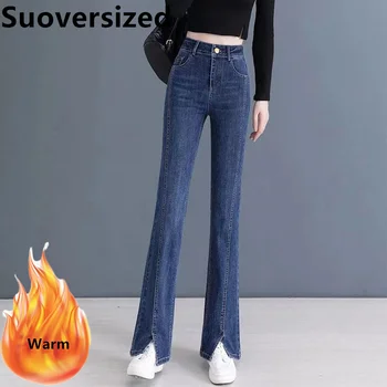 Iarna Plus Catifea Split Flare Jeans Pentru Femei Talie Mare Moda Coreeană Pantaloni Din Denim Casual Întinde De Pluș Cald Captuseala Pantaloni