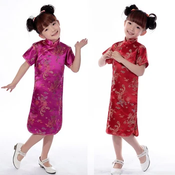 Copii Oriental Rochii Dragon Imprimat Tradițională Chineză Epocă Cheongsams pentru Fete de Vara Slim Split Maneci Scurte Rochie Qipao