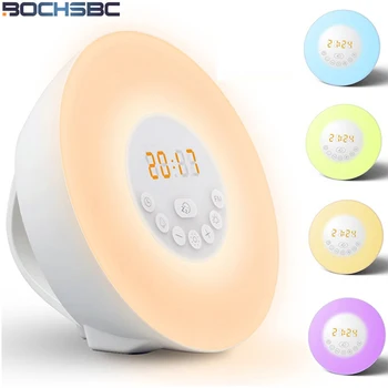 BOCHSBC Ceas Deșteptător Lampa de Noapte Multi-funcție Touch 6 Culori Schimbare Prin Atingere Întrerupător pentru Dormitor cu 7 Sunet de Alarmă și Radio FM