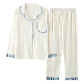 Toamna Iarna Tricotate din Bumbac pentru Femei Set de Pijama cu Maneci Lungi Guler de Turn-down Cardigan Vrac Moale M-4XL de sex Feminin Homewear