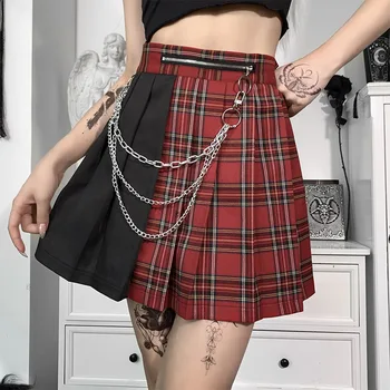 Femei Y2K Gotic Stilul Punk Mini Plisate Fuste Carouri de Imprimare Talie Mare Neregulate a-Line Fuste cu Lanț de Metal Streetwear