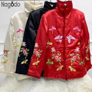 Nagodo Anul Nou Haine Stil Chinezesc Femei Paltoane De Iarnă 2022 Broderie Handmade Catarama Bumbac Căptușit Guler De Blană Sacou Topuri