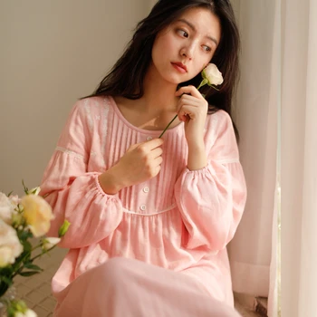 Confortabil Rochie De Noapte Pentru Femei Din Bumbac Cu Maneca Lunga Camasi De Noapte Epocă De Dormit Rochie Fata Dulce Pijamale Coreean Sleepwear Haine De Acasă