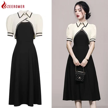 Moda De Contrast Alb-Negru Rochie Pentru Femei Costum Coreeană Rever Maneca Scurta Sacou Top + Curele Negru Slim Rochie A-Line 2 Bucata Set