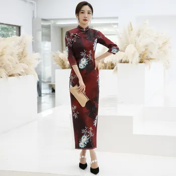 2022 Toamna Și Iarna Nou Stil Chinezesc Retro Maneca Trei sferturi Slim Cheongsam Versiune Îmbunătățită Rochie Lungă Elegantă Cheongsam