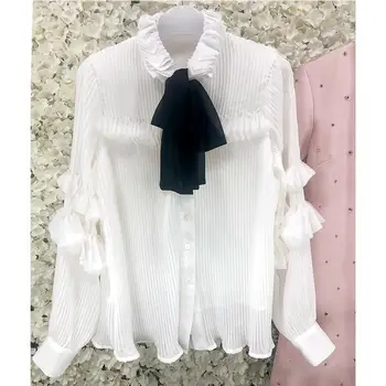 Vintage Plisata Ciufulit Arc Dantelă-Up Puff Mâneci Bluze Topuri 2022 Moda Dulce Vrac Casual Șifon Cămașă Îmbrăcăminte Coreeană