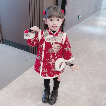 De Iarnă 2022 Stil Chinezesc Rosu Stand de Guler Maneca Lunga Tang Costum pentru Fete drăguț Drăguț Îngroșat Cheongsam Anul Nou Rochii