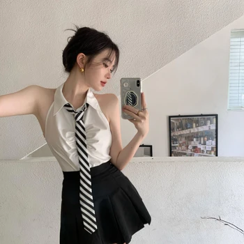 Sexy Alb Halter Tricou Chic Fusta Mini cu Cravată 2022 Vara coreeană de Moda Casual, Doamnelor Jk Uniforme Japoneze Y2k Haine de Școală