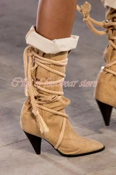 Femeile Coarda împodobite Panza Genunchi Cizme Dantela-up pantofi cu Toc Subliniat Deget de la picior Lung Cizme Maro Culoare Solidă de Design Pista Pantofi de Toamna