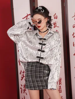 2022 chineză qipao stil tricou femei sens de design pentru femei chineză stil retro butonul de sus din satin cămașă