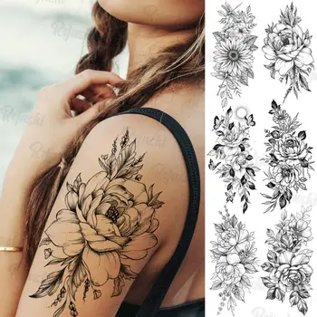 Mare Lotus Tatuaje Temporare Pentru Femei Adulți Realist Floarea Soarelui Fluture Flora Autocolant Tatuaj Fals Brațul De Corp Tatuaje Creative