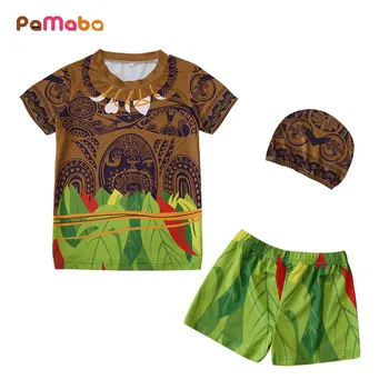 PaMaBa 3Pcs/Set Baieti Maui Imprimare Vara Costume de baie Plaja Copii Moana Costume de baie Vaiana Topuri, pantaloni Scurți și Capac Piscină Costum de Baie