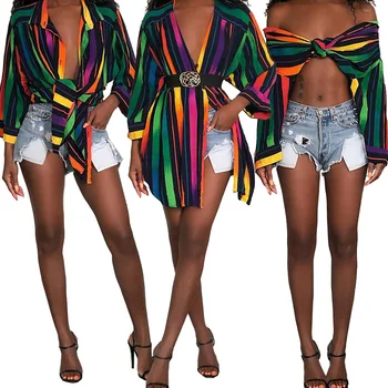 KALENMOS 2020 Nou Toamna Bluza Femei Vintage Dungi Curcubeu de Imprimare Side Split Lungă Maneca Cămașă de Moda Sexy Femei de Îmbrăcăminte