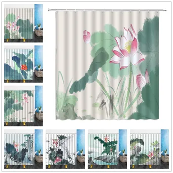 Stil chinezesc Perdele de Duș de Vară Flori de Lotus Decor Baie rezistent la apa de Baie Cortina de Imprimare 3d Pânză de Poliester Cu Cârlige