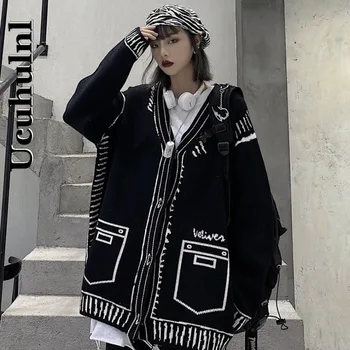 Ucuhulnl Coreean Iarna Nou Stil Harajuku Pulover Vintage V-Neck Maneca Plin Cardigan Moda Graffiti Stil Leneș Liber De Tricotat