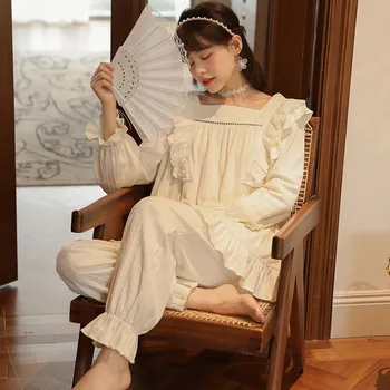 Femei Pijamale Toamna Iarna Printesa Pijamale cu Maneca Lunga-Pantaloni Solidă Gât Pătrat Pulover Palatul Dulce coreean Homewear