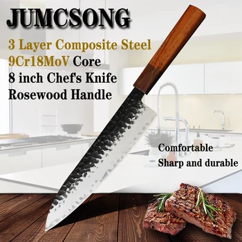 JUMCSONG 9Cr18MOV Mână-Forjat Bucătar Profesionist Cuțit de 3 Straturi de Otel Japonez de 8 inch, Cuțit de Utilitate Cuțit de Bucătărie