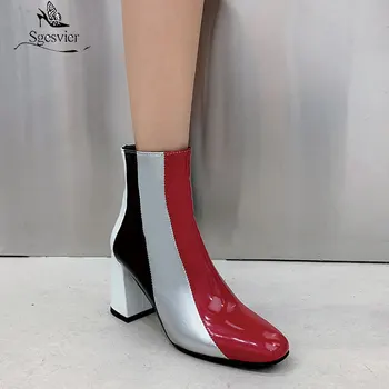 Sgesvier 2020 New Sosire Moda Contrast Mozaic Copita Tocuri Inalte Femei La Jumătatea Vițel Cizme De Iarna Catwalk Show Timp De Boot Mult Pantofi