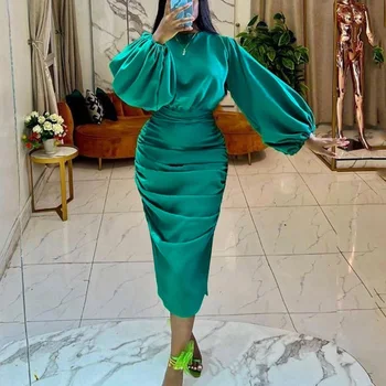 Toamna Iarna Noi Rochii pentru Femei Verde Solid Satin Complet Maneca Talie Mare Lux Elegant Petrecerea de Ziua Vestidos Mujer Fierbinte