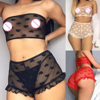 Femeile Erotic Vedea Prin Inima De Imprimare Set De Lenjerie De Corp Tub Topuri Din Dantela Micro-Pantaloni Scurți