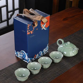 China Guochao Ge Kiln Set De Ceai Ru Cuptor Kung Fu Travel Set De Ceai Cutie De Cadou Contine Un Vas De Patru Cesti Teaware Set