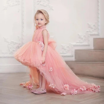 Elegant High Low Copil e Concurs de Rochie de Prințesă Tul Rochii Fete cu Flori Coral pentru Copii Ținută