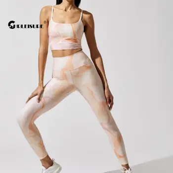 CHRLEISURE Femei Yoga de Fitness Costum Gradient de Imprimare Digitala Sport Seturi Tie-Dye Push-Up Top Sport Antrenament Antrenament de Sport