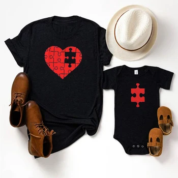 Puzzle Inima 2021 Tatăl Zi pentru Bărbați T-shirt pentru Sugari Bodysuit Tata si Copilul Potrivire Set Piesă Lipsă Haine Baieti Haine M