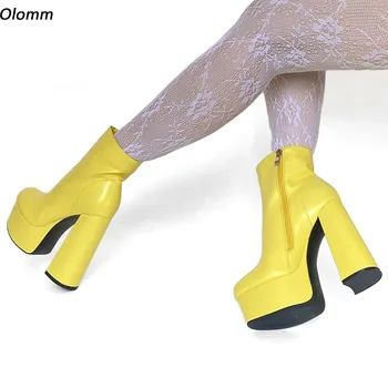 Olomm Noi Femeile de Iarnă Platforma Glezna Cizme cu Fermoar Lateral Bloc Tocuri Rotund Deget de la picior Elegant Black Red Pantofi de Partid, Plus NOI Dimensiuni 5-15