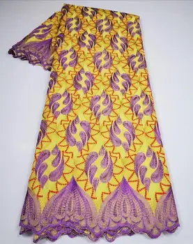 (5yards/pc), cel mai Nou Africane voile dantela galben lila brodate Elvețian dantela din bumbac material pentru rochie de petrecere CLU008