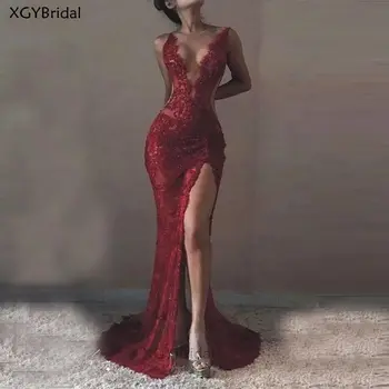 New Sosire Visiniu Mermaid Rochie de Seara 2021 Mare Parte Fantă Etaj Lungime Sexy Prom Rochii Lady Formale Purta Robe de Soirée