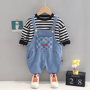 LZH Fetita Haine Seturi de Moda 2022 Haine de Toamna Copilul cu Dungi Tricou Broderie Salopete Denim Costum de 1-4 Ani
