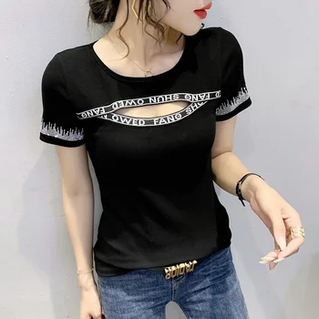 #5185 Hip Hop Tricou Femei Din Bumbac Gol Scrisori Sexy Skinny T Shirt Femei Harajuku Streetwear Diamante Negru, Roșu De Vară