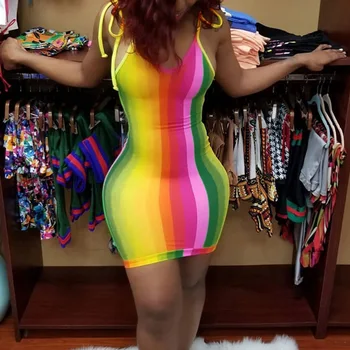 Noua Sexy Colorate Rochie de Moda pentru Femei Spaghete Curcubeu cu Dungi Slab Lega Arcul nod Rochie Mini Bodycon Rochie Mini Clubwear
