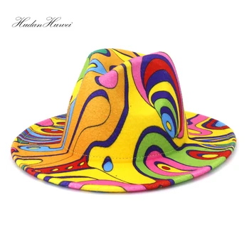 Petrecere De Călătorie Outerdoor Cowboy Primavara-Vara Moda Lână Simțit Pălării Fedora Femei Elegante Margine Largă Mozaic Graffiti Pălărie