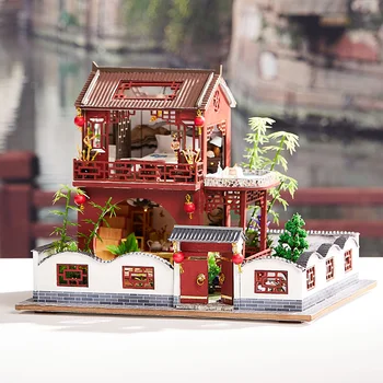 Diy Din Lemn Casă De Păpuși În Miniatură Kit De Construcție Antică Chineză Mansarda Mobila De Lumini Cu Led-Uri Păpuși Jucarii Pentru Copii Cadou De Ziua De Nastere