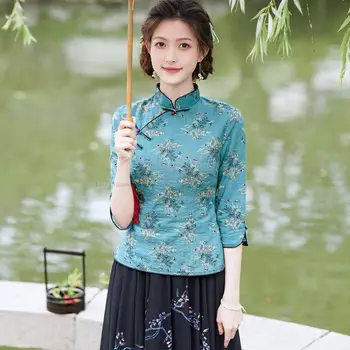 Toamna Noul Stil Chinezesc Stand Guler Îmbunătățit Cheongsam Jacheta de zi cu Zi Retro Femei Ceai Arta de Sus Qi Pao Top Retro Bluza AB4