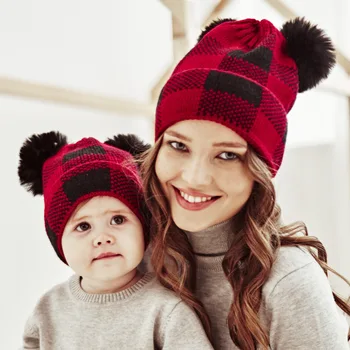 Pentru copii de Iarnă Lână Minge Părinte-copil Pălărie Tricotate Femei Rosu-Negru Carouri Crăciun Cald Casual Pălării Capac Copii Baieti Fete