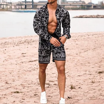 Moda Barbati Seturi de Vară 2022 Rever Imprimare Camasi cu Maneci Lungi Pantaloni scurti Casual de Tineret Slim Barbati Costum de Plajă Tendință de Haine pentru Barbati