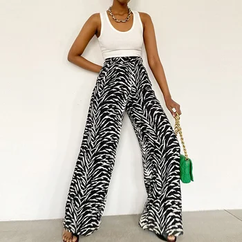 Sifon Leopard De Imprimare Vrac Zebra Femei Pantaloni De Vara Street Style De Înaltă Talie Pantaloni Largi Picior Casual Subțire Fermoar Pantaloni Femei