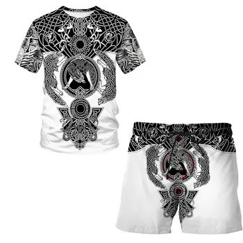 Vara Viking 3D Imprimate Casual pentru Bărbați T-shirt, pantaloni Scurți Set Barbati Sport Cool O de Gât Casual cu Maneci Scurte pentru Bărbați Îmbrăcăminte