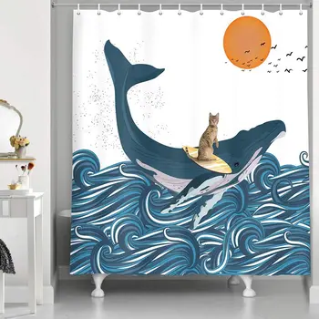 Amuzant Pisica Perdeaua de la Duș, Albastru Ocean Cat Balena Surfing Model Cadă Ecran ,rezistent la apa cu Cârlige Baie Showe Cortina